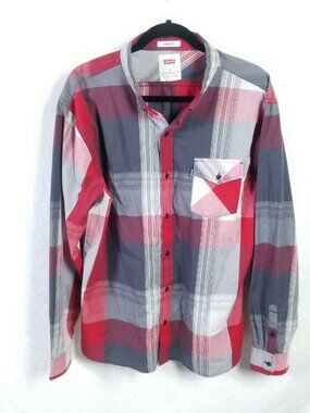 Levis Button Shirt Mens XL Extra Large Plaid Long Sleeve Red Western Casual